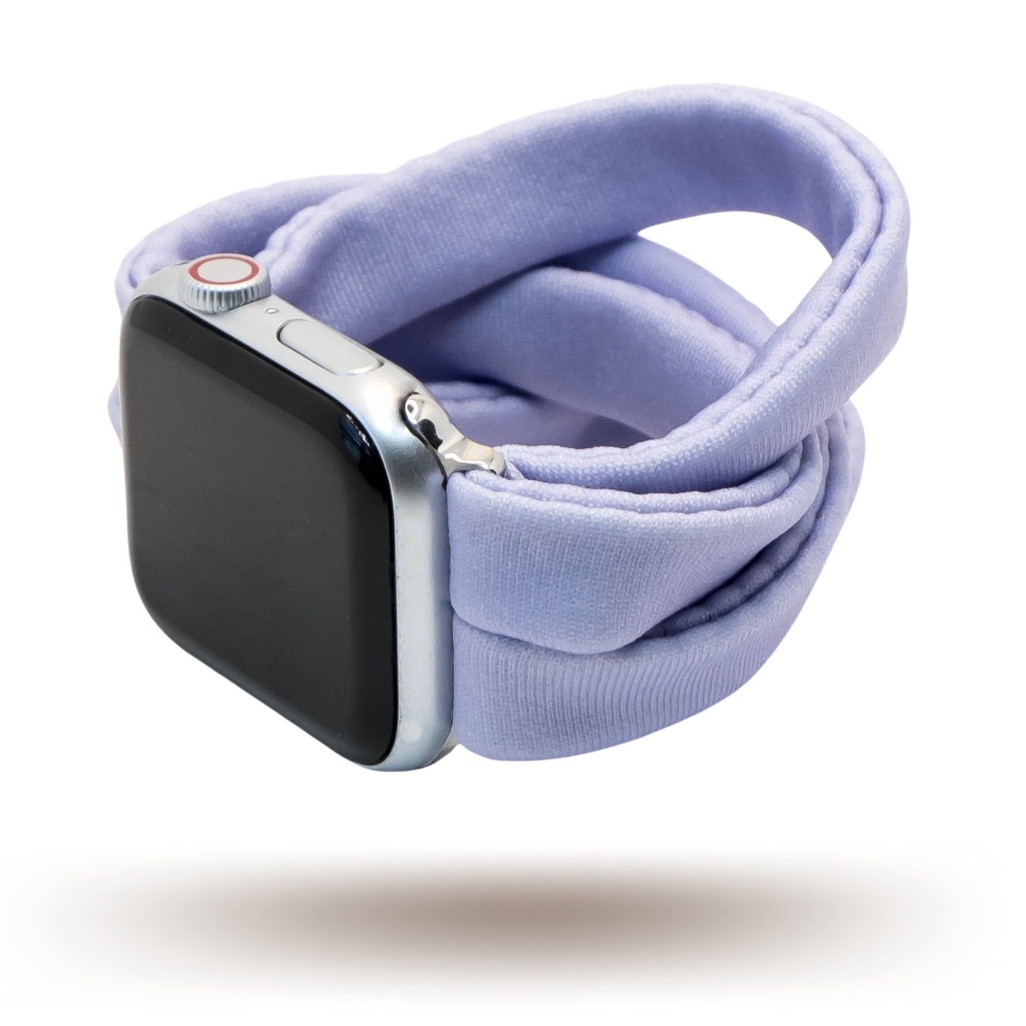 Faded Lilac Yoga Band® in a bright pastel light purple knit fabric. A breathable, stretchy watch strap with a patent-pending design compatible with Apple Watch, Fitbit, and Samsung Galaxy models.