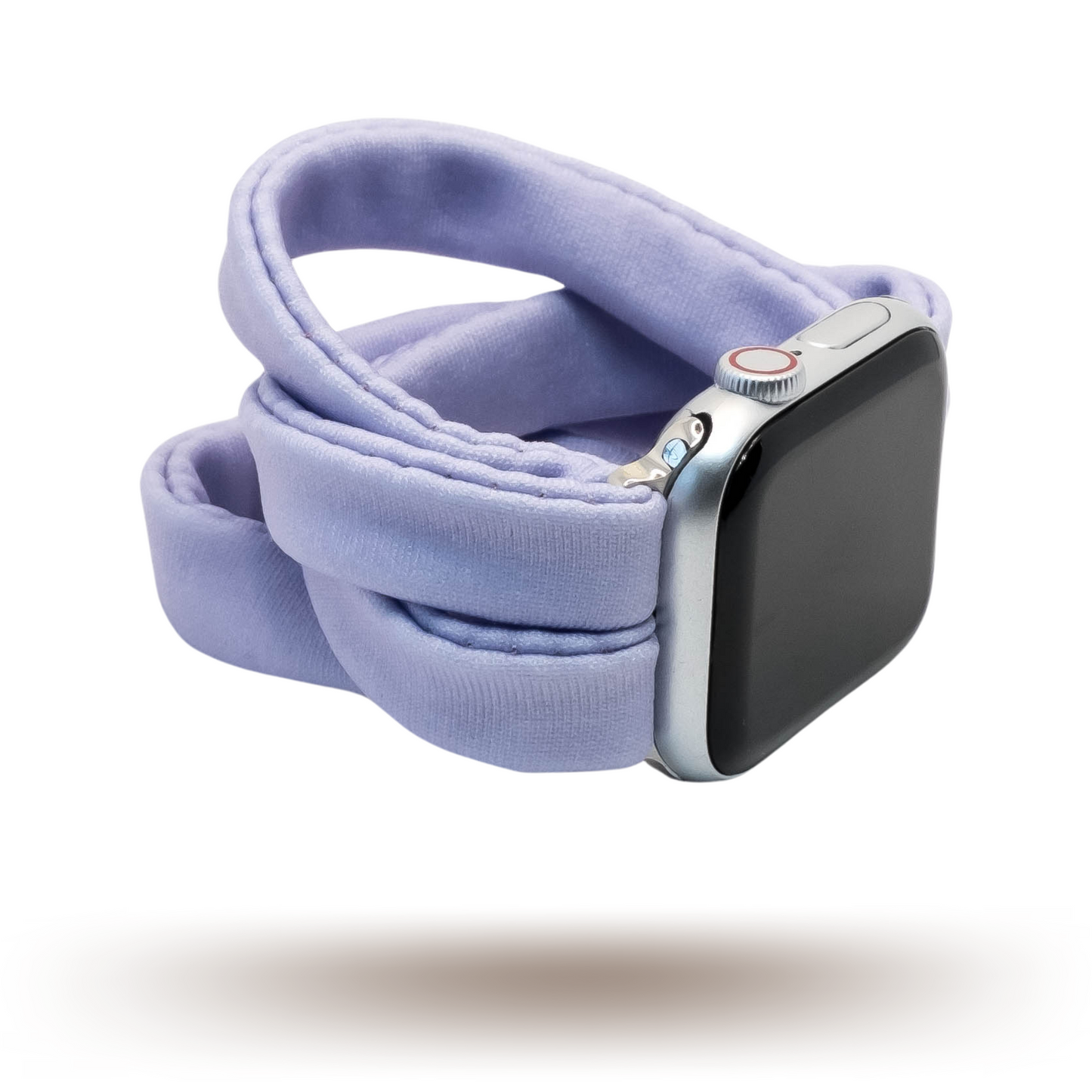 Faded Lilac Yoga Band® in a bright pastel light purple knit fabric. A breathable, stretchy watch strap with a patent-pending design compatible with Apple Watch, Fitbit, and Samsung Galaxy models.