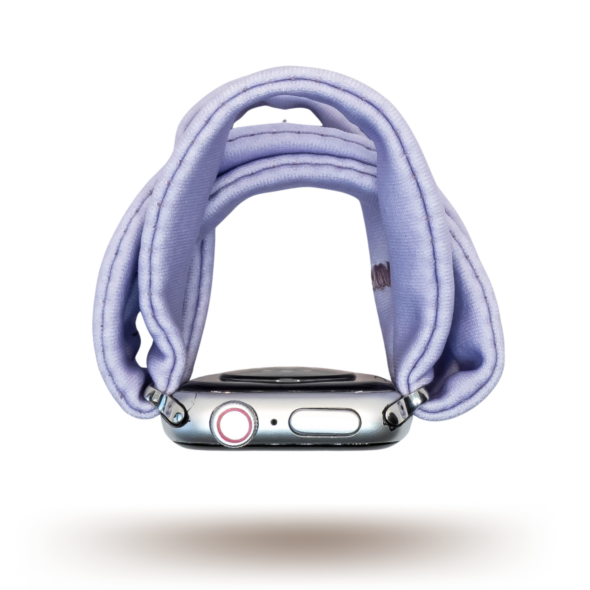 Faded Lilac Yoga Band® in a bright pastel light purple knit fabric. A breathable, stretchy watch strap with a patent-pending design compatible with Apple Watch, Fitbit, and Samsung Galaxy models.