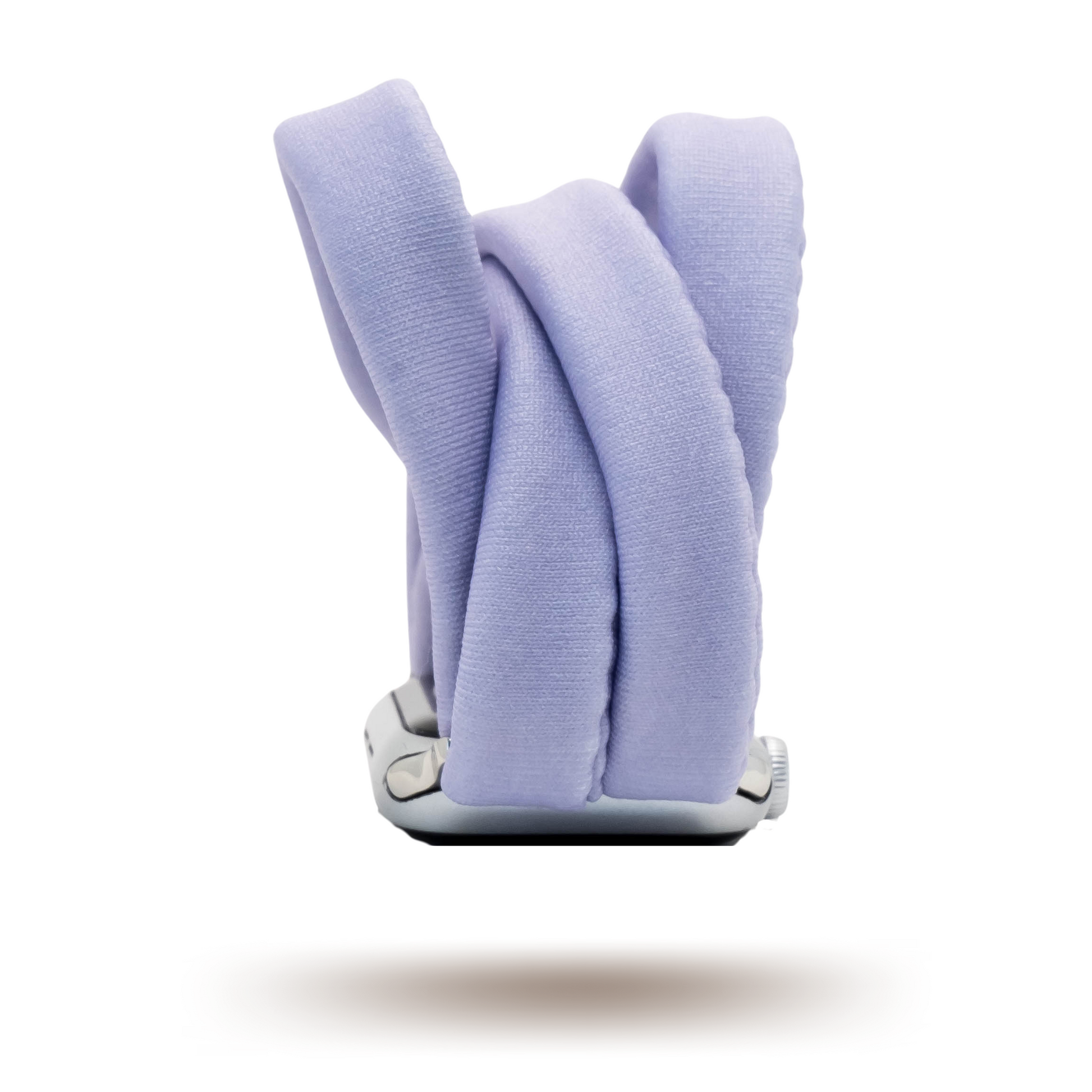 Faded Lilac Yoga Band® in a bright pastel light purple knit fabric. A breathable, stretchy watch strap with a patent-pending design compatible with Apple Watch, Fitbit, and Samsung Galaxy models.
