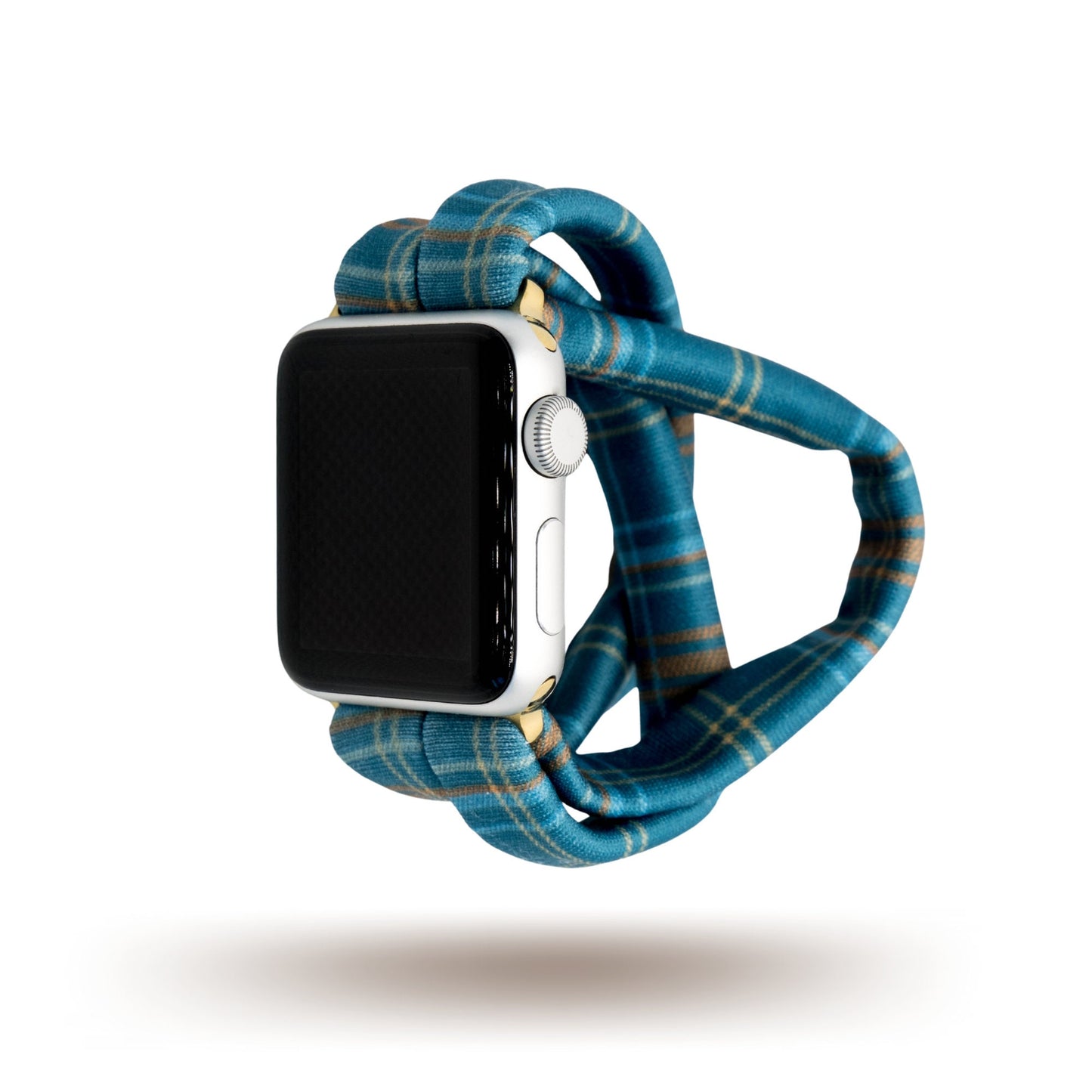Fall Flannel Yoga Band® featuring a classic blue and green plaid pattern. A breathable, stretchy watch strap with a patent-pending design compatible with Apple Watch, Fitbit, and Samsung Galaxy models.