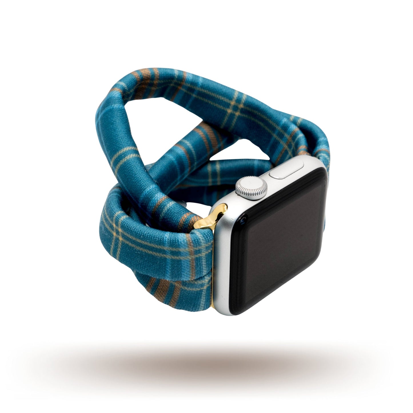 Fall Flannel Yoga Band® featuring a classic blue and green plaid pattern. A breathable, stretchy watch strap with a patent-pending design compatible with Apple Watch, Fitbit, and Samsung Galaxy models.