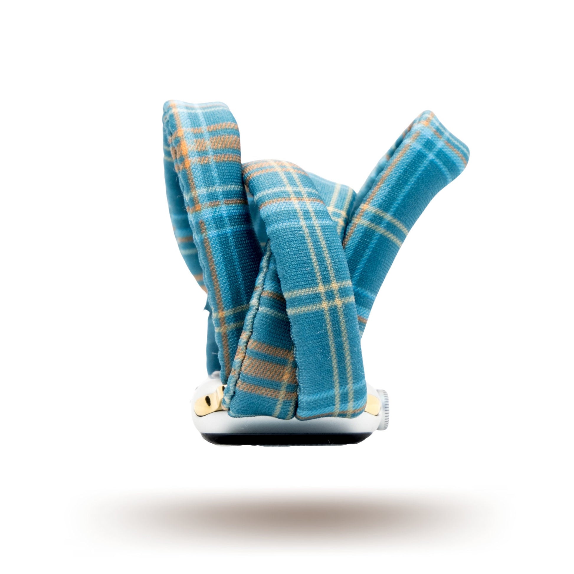 Fall Flannel Yoga Band® featuring a classic blue and green plaid pattern. A breathable, stretchy watch strap with a patent-pending design compatible with Apple Watch, Fitbit, and Samsung Galaxy models.