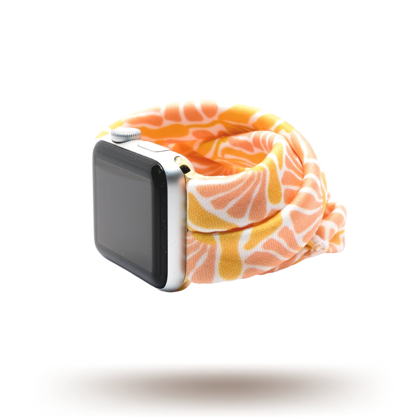Flower Market Yoga Band® featuring a vibrant pink, orange, and white floral pattern. A breathable, stretchy watch strap with a patent-pending design compatible with Apple Watch, Fitbit, and Samsung Galaxy models.