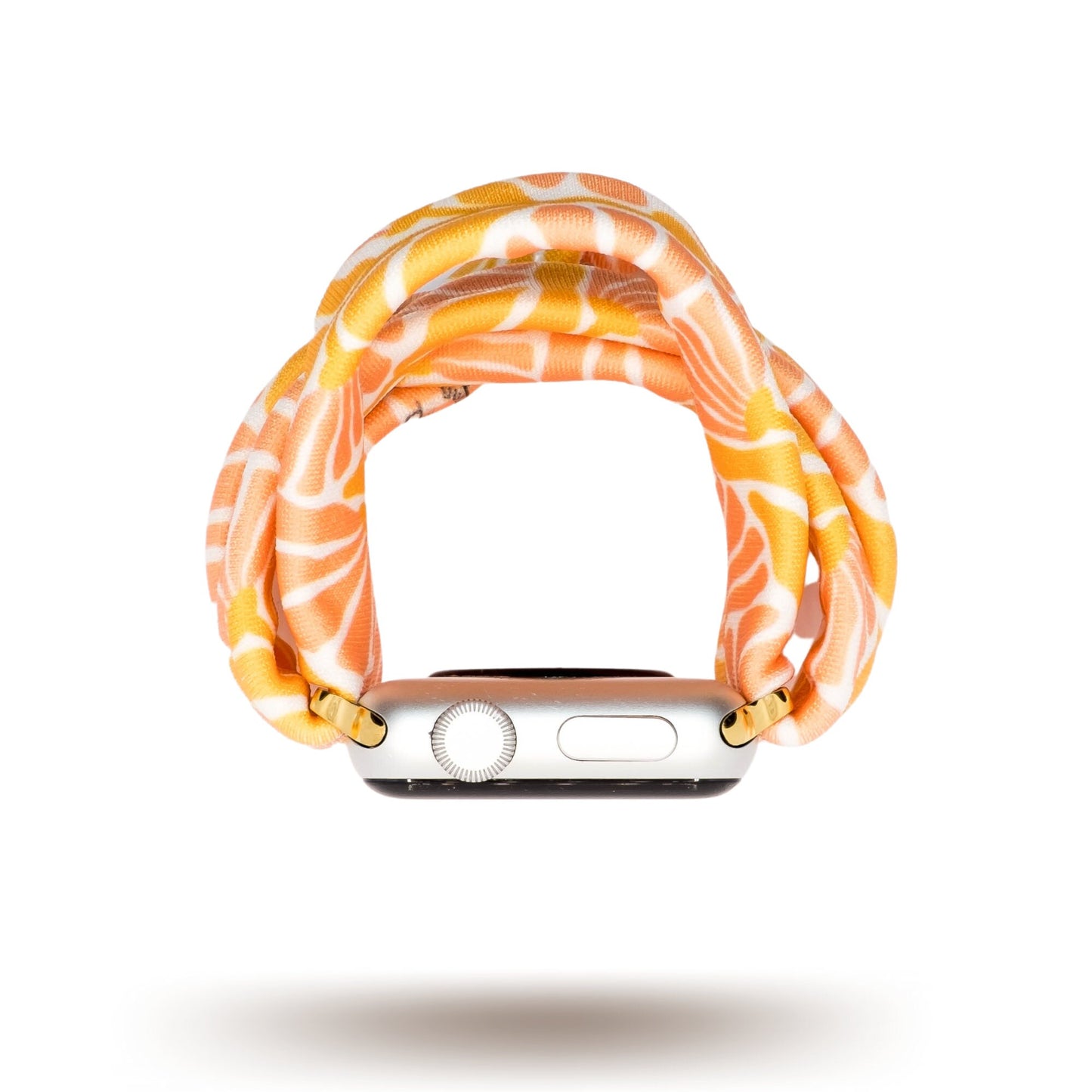Flower Market Yoga Band® featuring a vibrant pink, orange, and white floral pattern. A breathable, stretchy watch strap with a patent-pending design compatible with Apple Watch, Fitbit, and Samsung Galaxy models.