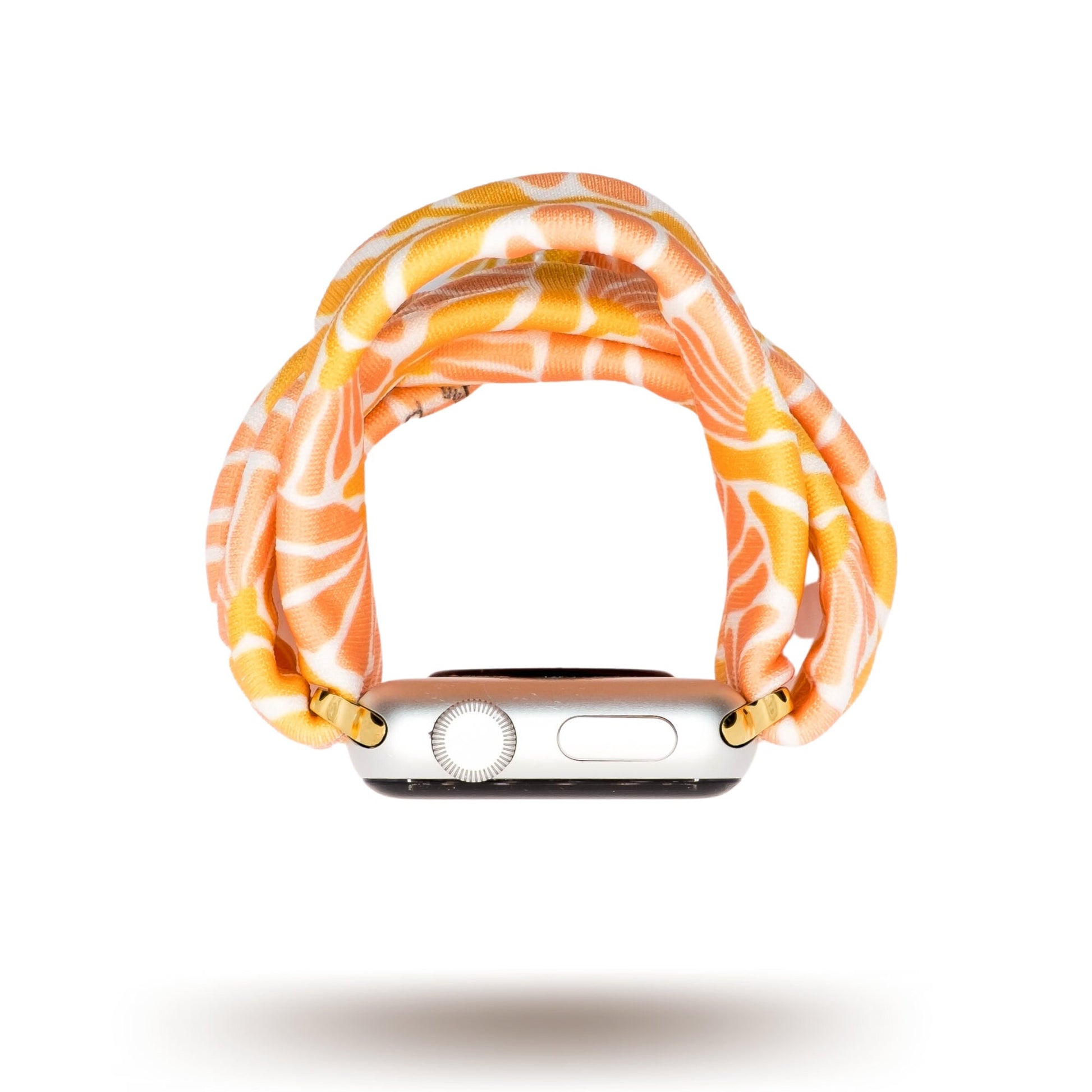 Flower Market Yoga Band® featuring a vibrant pink, orange, and white floral pattern. A breathable, stretchy watch strap with a patent-pending design compatible with Apple Watch, Fitbit, and Samsung Galaxy models.