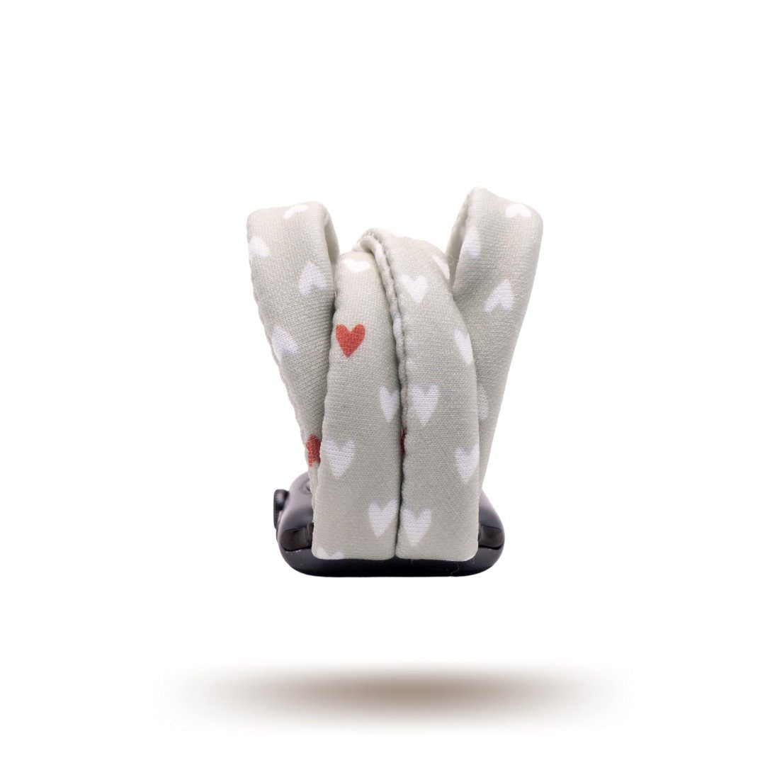 Fulfillment House Yoga Band® featuring a sweet heart print on a grey fabric background. A breathable, stretchy watch strap with a patent-pending design compatible with Apple Watch, Fitbit, and Samsung Galaxy models.