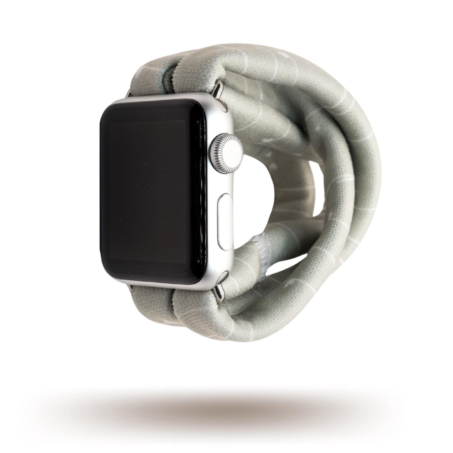 Gray Heartstrings Yoga Band® featuring a delicate string pattern with tiny hearts on a gray fabric. A breathable, stretchy watch strap with a patent-pending design compatible with Apple Watch, Fitbit, and Samsung Galaxy models.