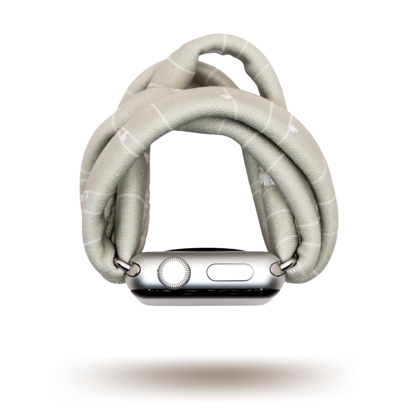 Gray Heartstrings Yoga Band® featuring a delicate string pattern with tiny hearts on a gray fabric. A breathable, stretchy watch strap with a patent-pending design compatible with Apple Watch, Fitbit, and Samsung Galaxy models.