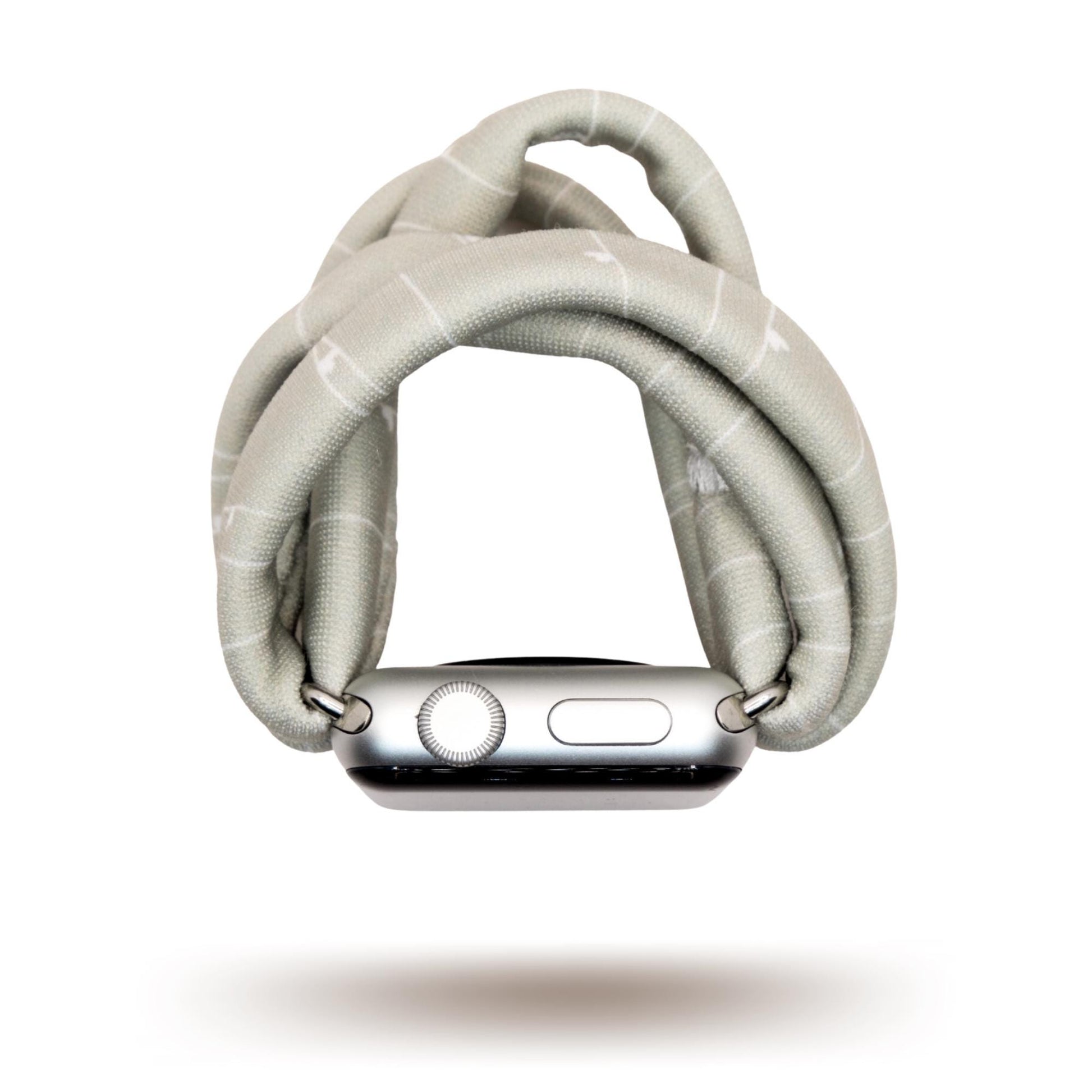 Gray Heartstrings Yoga Band® featuring a delicate string pattern with tiny hearts on a gray fabric. A breathable, stretchy watch strap with a patent-pending design compatible with Apple Watch, Fitbit, and Samsung Galaxy models.