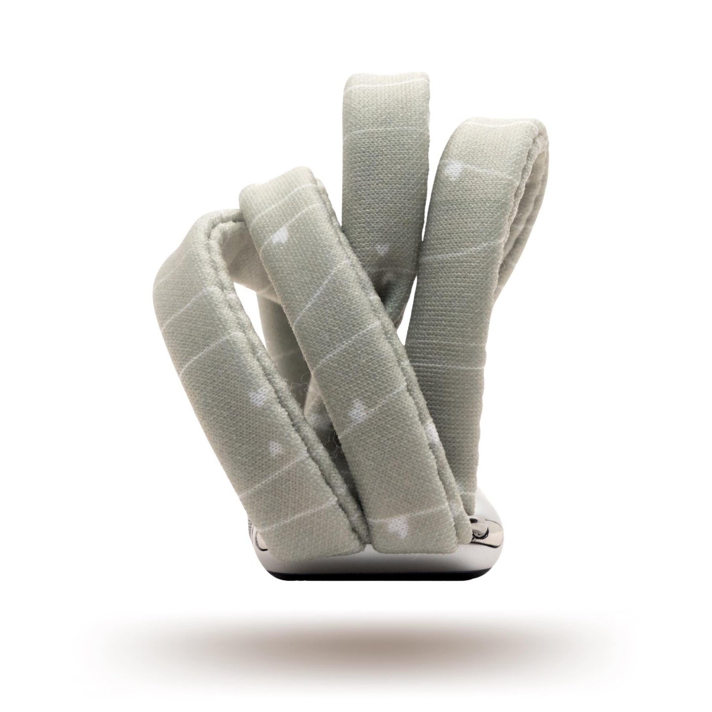 Gray Heartstrings Yoga Band® featuring a delicate string pattern with tiny hearts on a gray fabric. A breathable, stretchy watch strap with a patent-pending design compatible with Apple Watch, Fitbit, and Samsung Galaxy models.