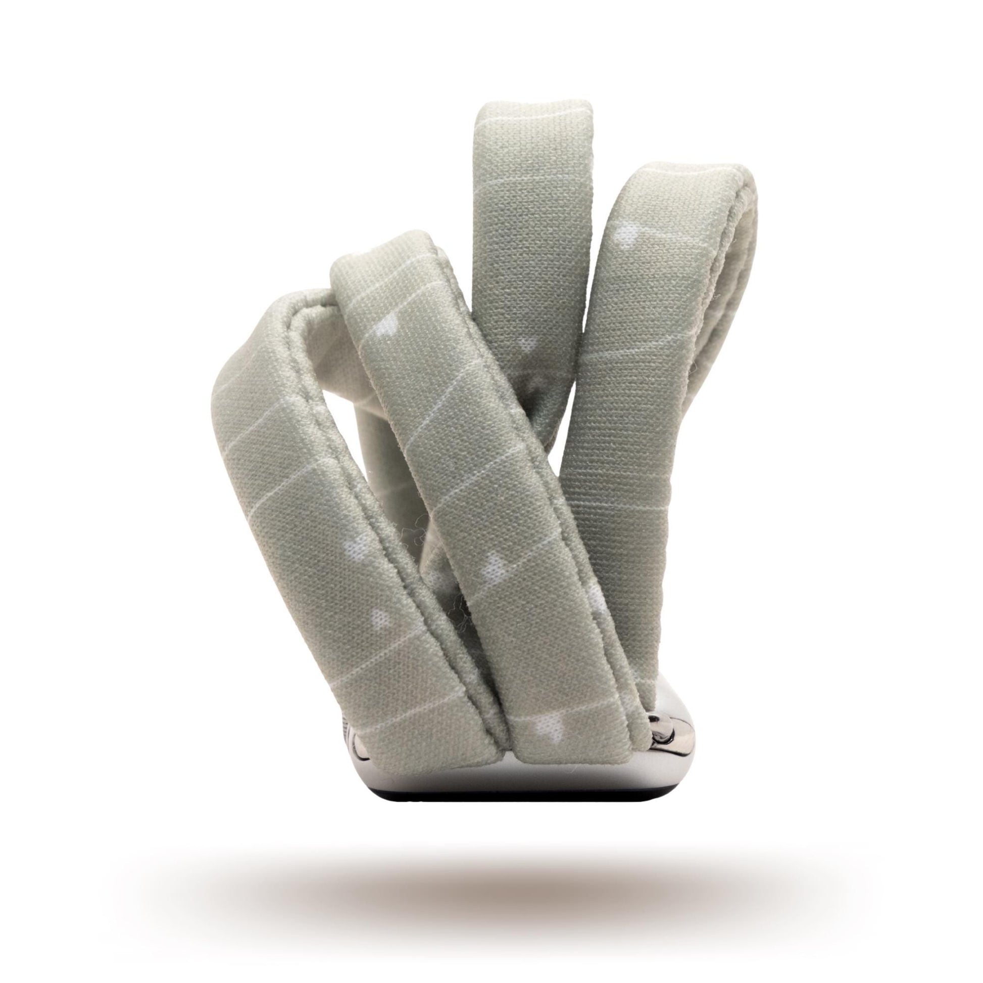 Gray Heartstrings Yoga Band® featuring a delicate string pattern with tiny hearts on a gray fabric. A breathable, stretchy watch strap with a patent-pending design compatible with Apple Watch, Fitbit, and Samsung Galaxy models.