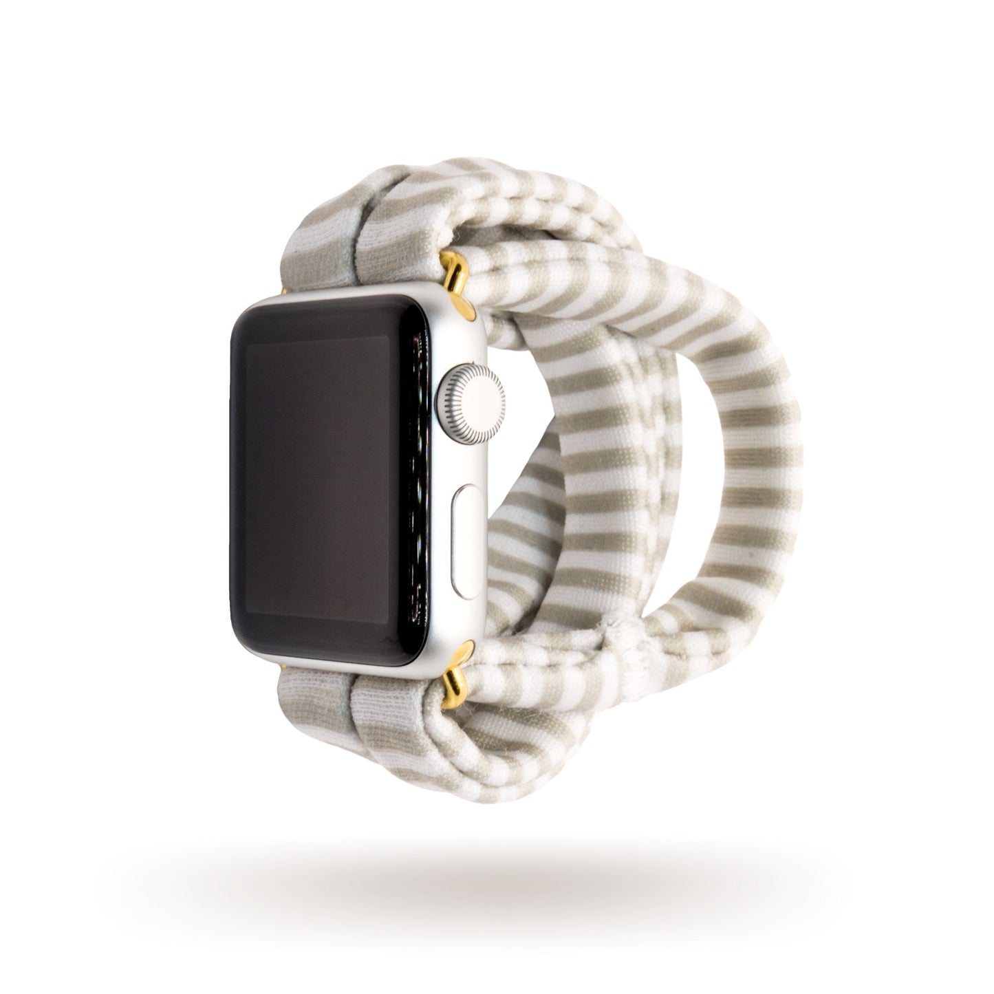 Gray Mini Stripe Yoga Band® featuring a subtle gray and white micro-stripe pattern. A breathable, stretchy watch strap with a patent-pending design compatible with Apple Watch, Fitbit, and Samsung Galaxy models.