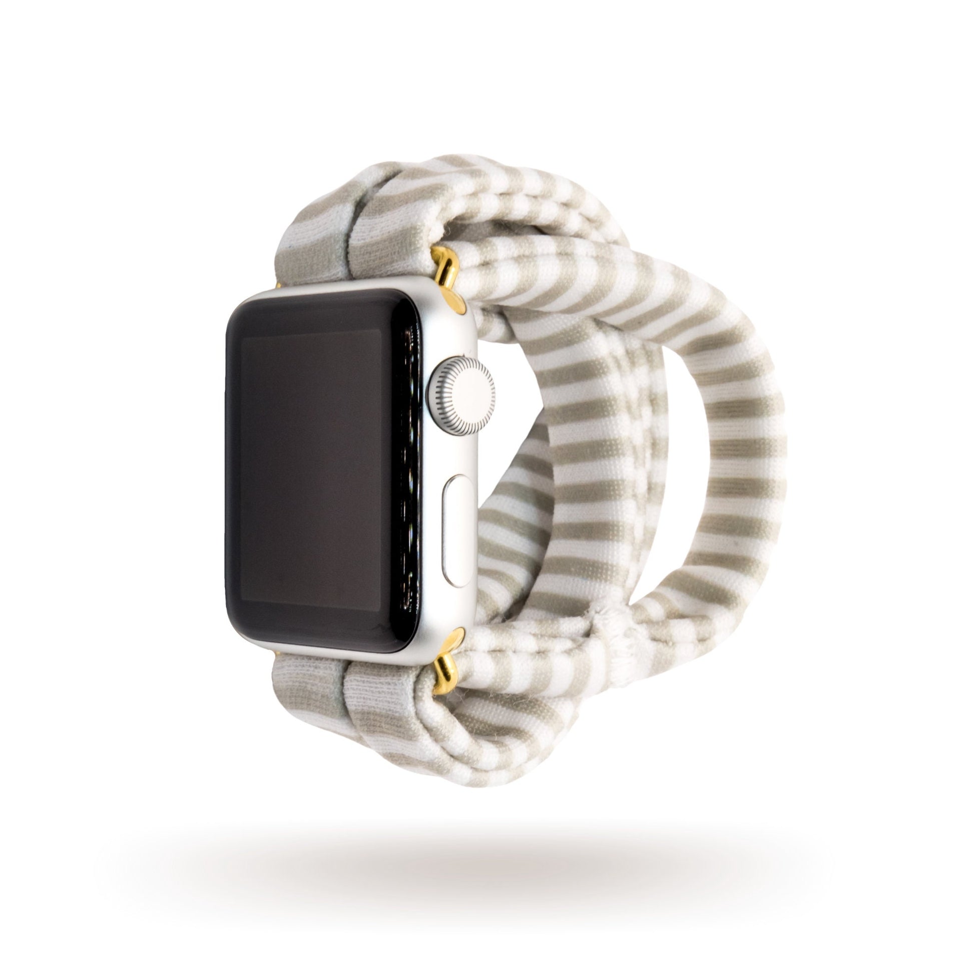 Gray Mini Stripe Yoga Band® featuring a subtle gray and white micro-stripe pattern. A breathable, stretchy watch strap with a patent-pending design compatible with Apple Watch, Fitbit, and Samsung Galaxy models.