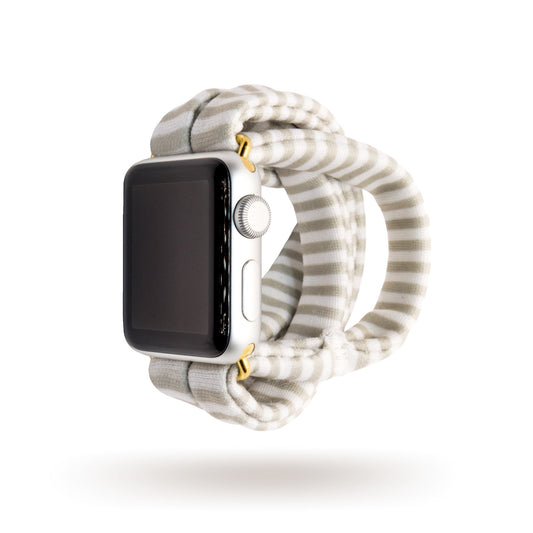 Gray Mini Stripe Yoga Band® featuring a subtle gray and white micro-stripe pattern. A breathable, stretchy watch strap with a patent-pending design compatible with Apple Watch, Fitbit, and Samsung Galaxy models.