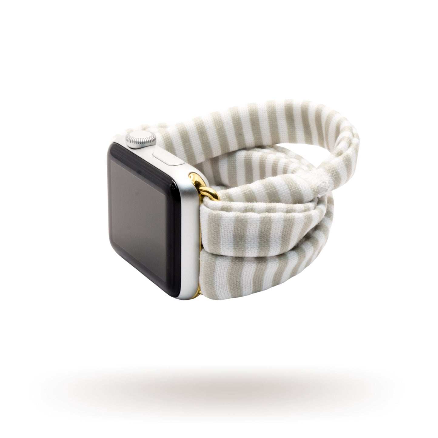 Gray Mini Stripe Yoga Band® featuring a subtle gray and white micro-stripe pattern. A breathable, stretchy watch strap with a patent-pending design compatible with Apple Watch, Fitbit, and Samsung Galaxy models.