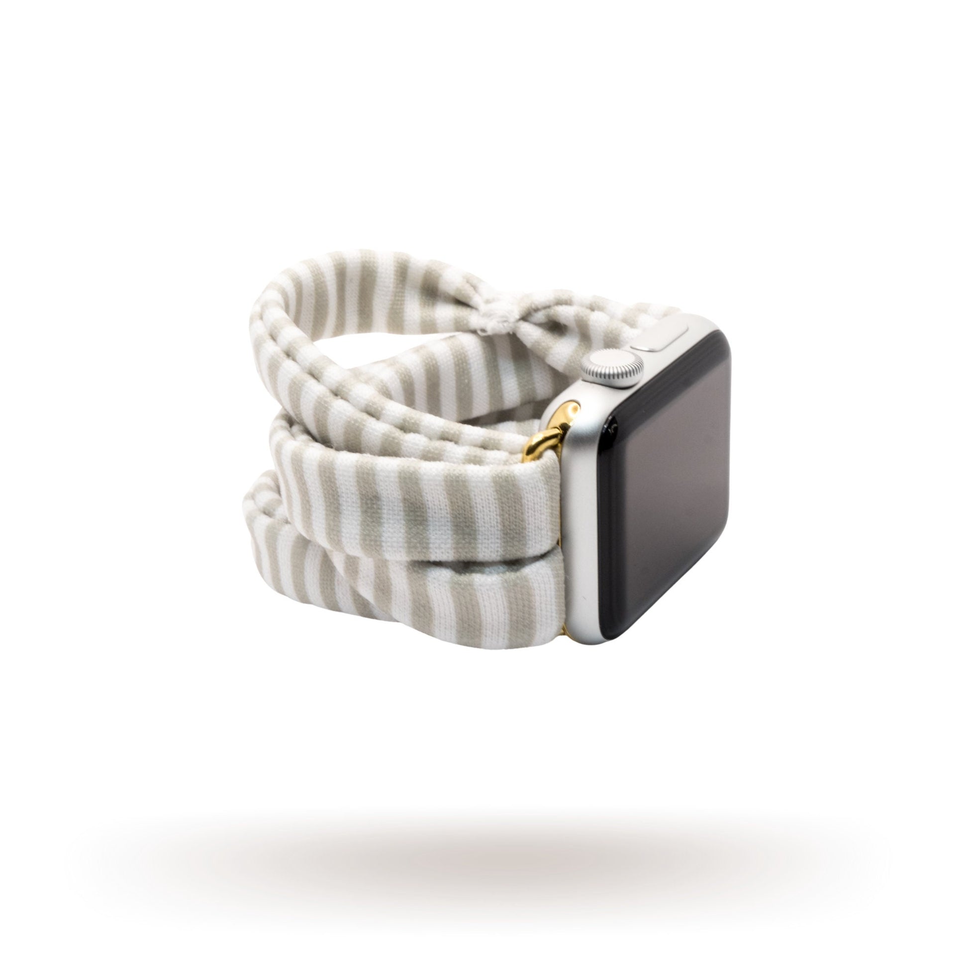 Gray Mini Stripe Yoga Band® featuring a subtle gray and white micro-stripe pattern. A breathable, stretchy watch strap with a patent-pending design compatible with Apple Watch, Fitbit, and Samsung Galaxy models.