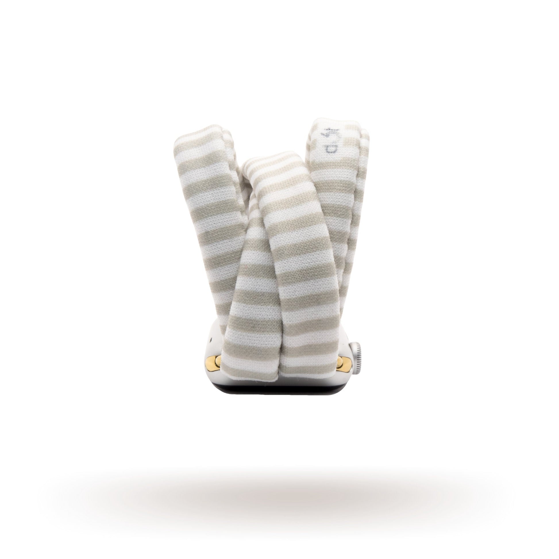 Gray Mini Stripe Yoga Band® featuring a subtle gray and white micro-stripe pattern. A breathable, stretchy watch strap with a patent-pending design compatible with Apple Watch, Fitbit, and Samsung Galaxy models.