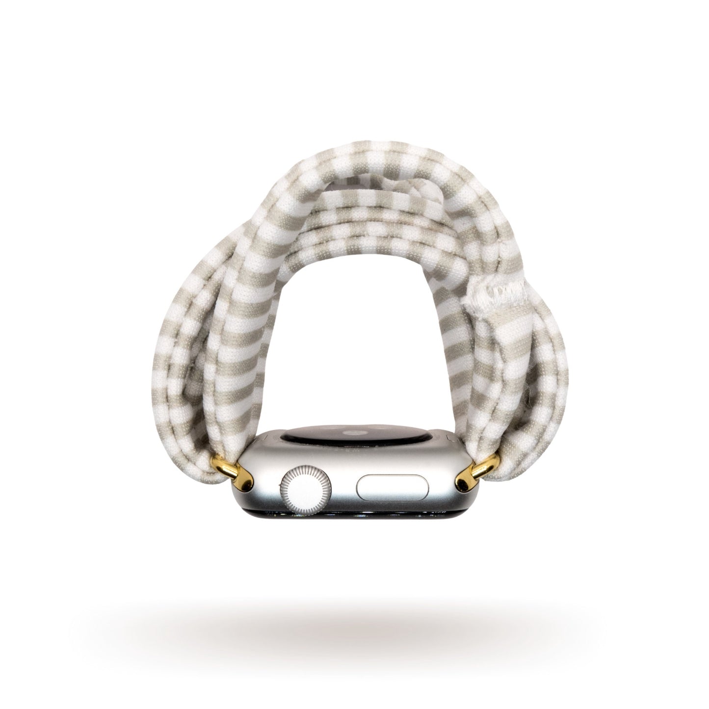 Gray Mini Stripe Yoga Band® featuring a subtle gray and white micro-stripe pattern. A breathable, stretchy watch strap with a patent-pending design compatible with Apple Watch, Fitbit, and Samsung Galaxy models.