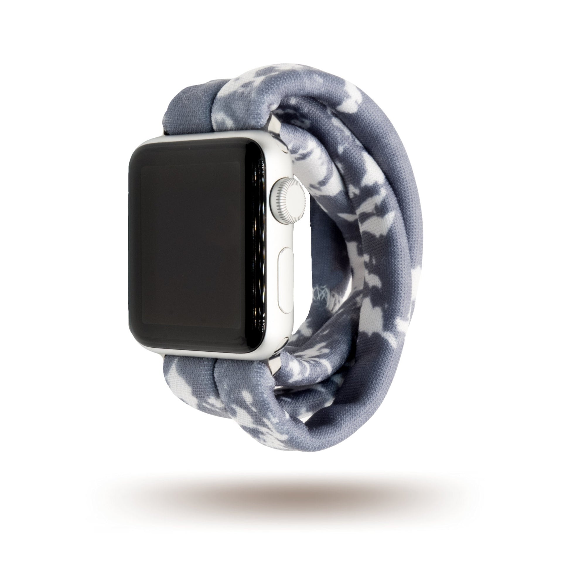 Gray Tie Dye Yoga Band® featuring a monochromatic gray tie-dye pattern. A breathable, stretchy watch strap with a patent-pending design compatible with Apple Watch, Fitbit, and Samsung Galaxy models.