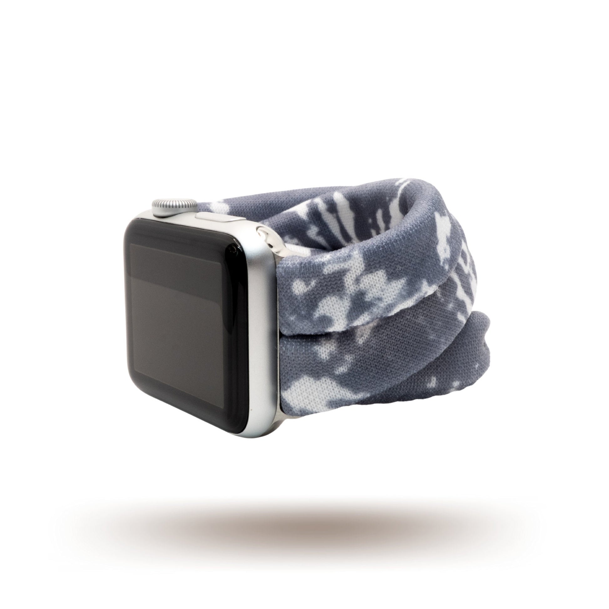 Gray Tie Dye Yoga Band® featuring a monochromatic gray tie-dye pattern. A breathable, stretchy watch strap with a patent-pending design compatible with Apple Watch, Fitbit, and Samsung Galaxy models.
