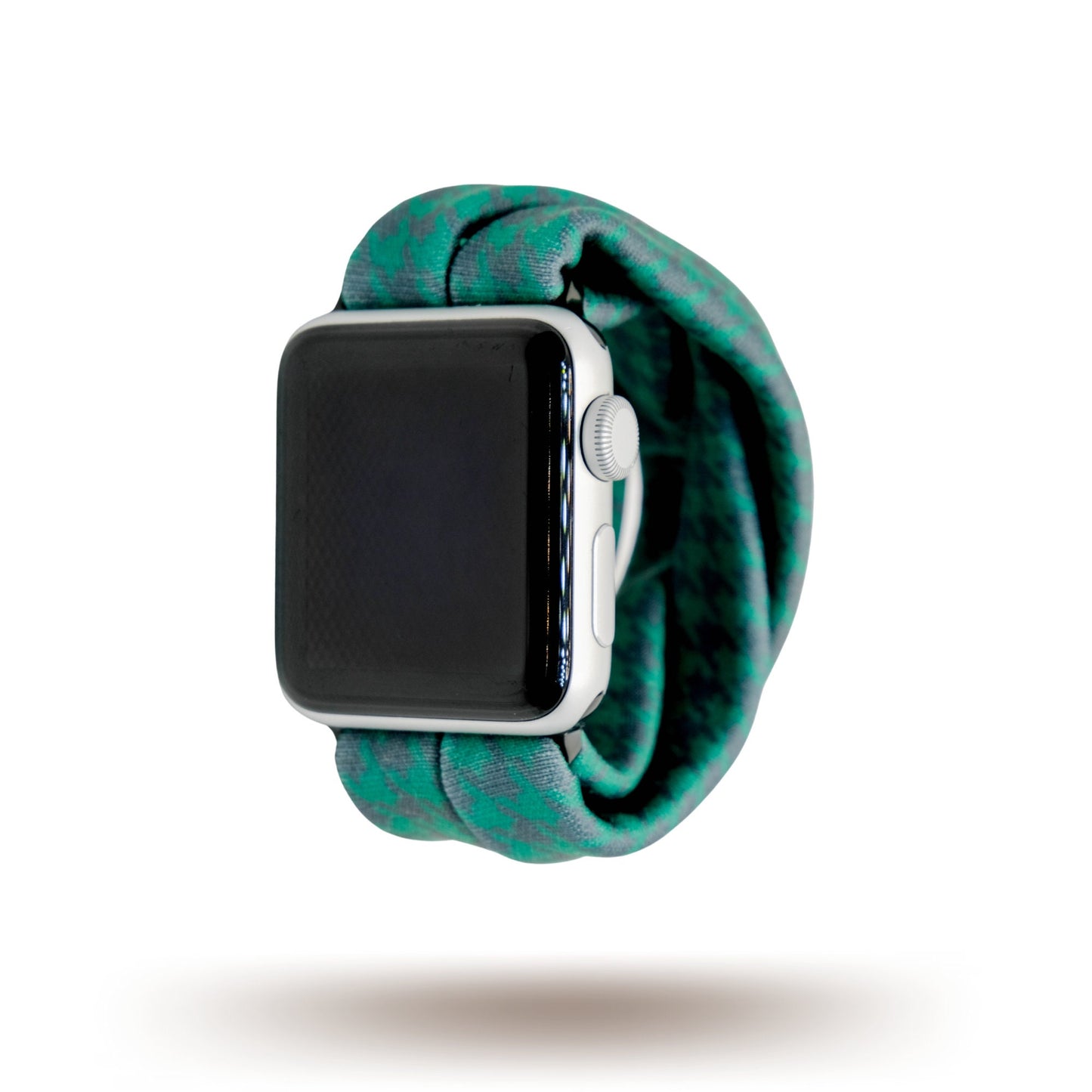 Green Houndstooth Yoga Band® in a classic forest green and black pattern. A breathable, stretchy watch strap with a patent-pending design compatible with Apple Watch, Fitbit, and Samsung Galaxy models.