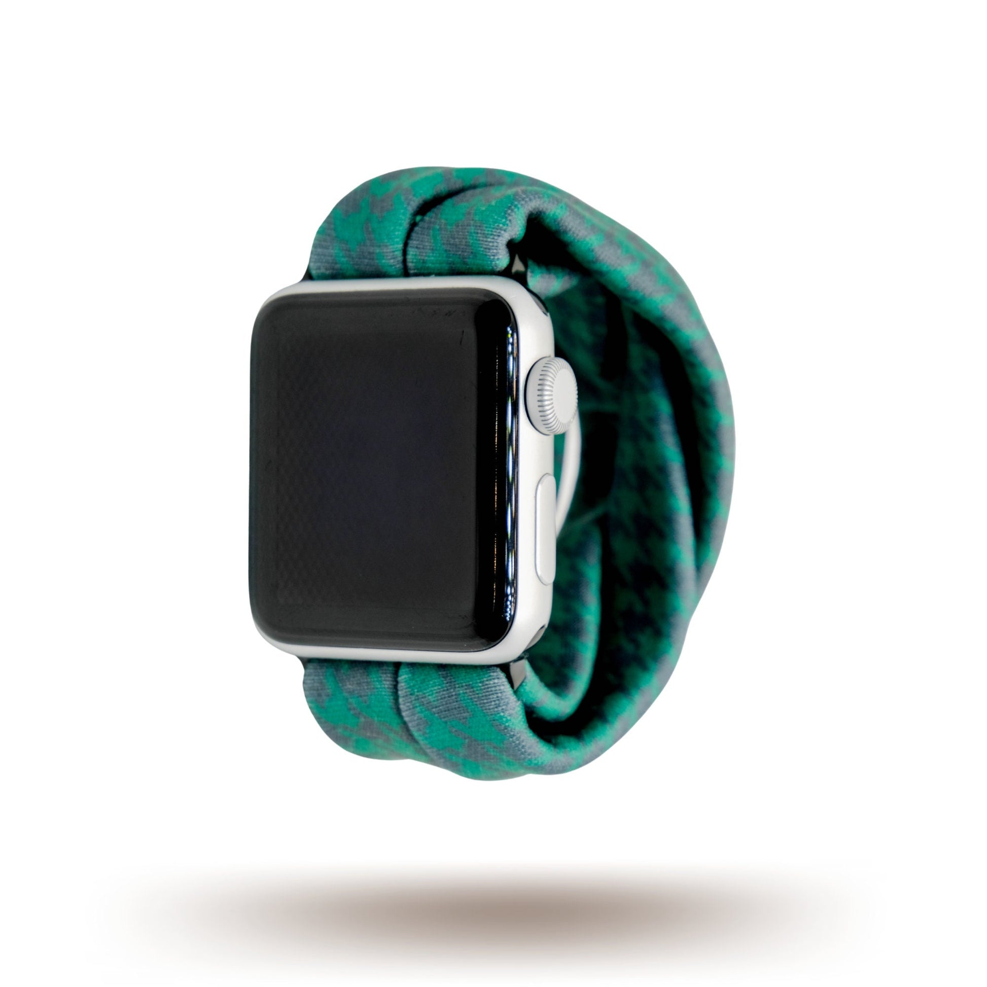 Green Houndstooth Yoga Band® in a classic forest green and black pattern. A breathable, stretchy watch strap with a patent-pending design compatible with Apple Watch, Fitbit, and Samsung Galaxy models.