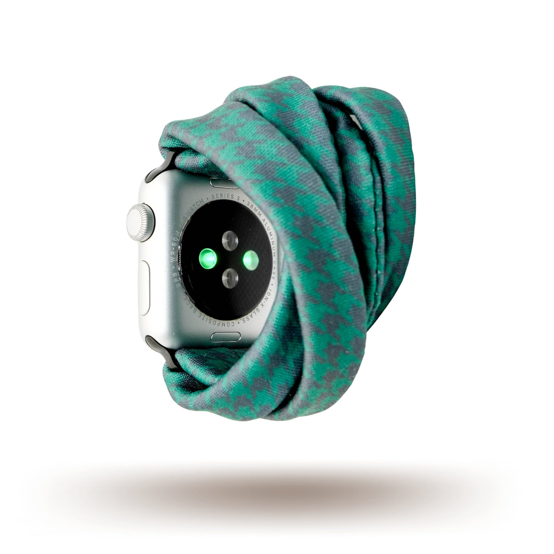 Green Houndstooth Yoga Band® in a classic forest green and black pattern. A breathable, stretchy watch strap with a patent-pending design compatible with Apple Watch, Fitbit, and Samsung Galaxy models.