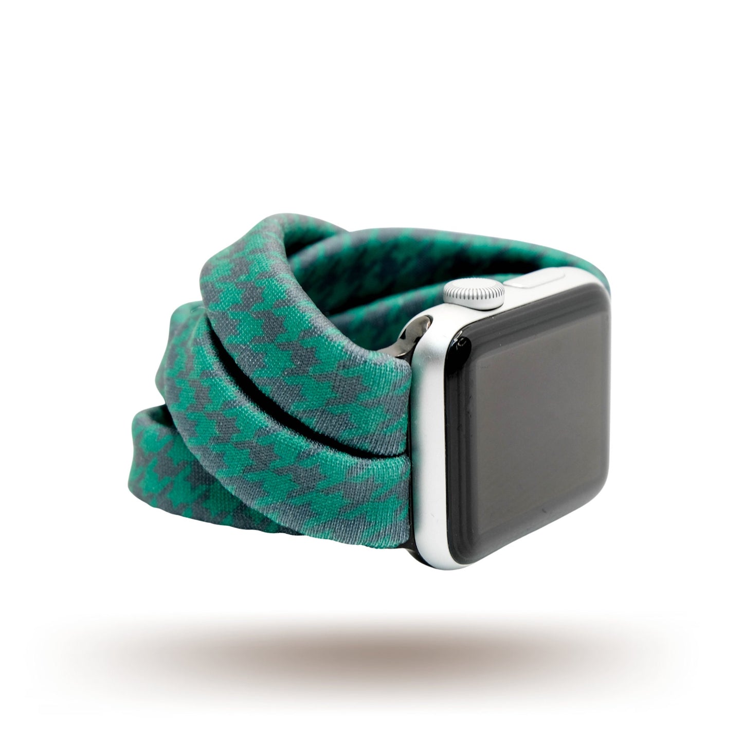 Green Houndstooth Yoga Band® in a classic forest green and black pattern. A breathable, stretchy watch strap with a patent-pending design compatible with Apple Watch, Fitbit, and Samsung Galaxy models.