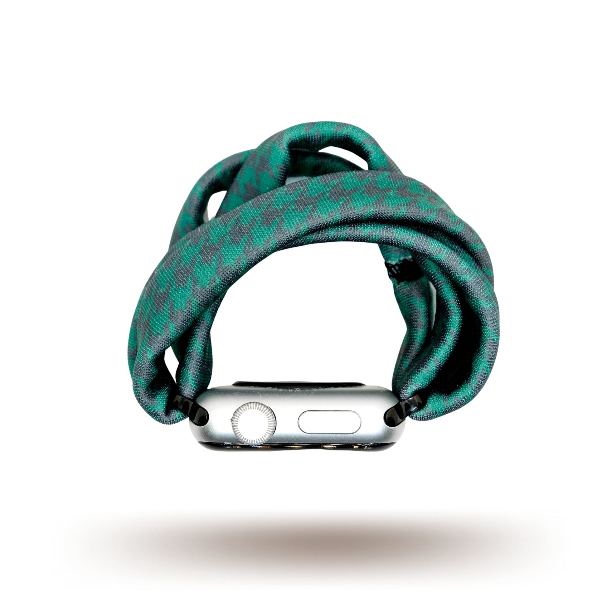 Green Houndstooth Yoga Band® in a classic forest green and black pattern. A breathable, stretchy watch strap with a patent-pending design compatible with Apple Watch, Fitbit, and Samsung Galaxy models.