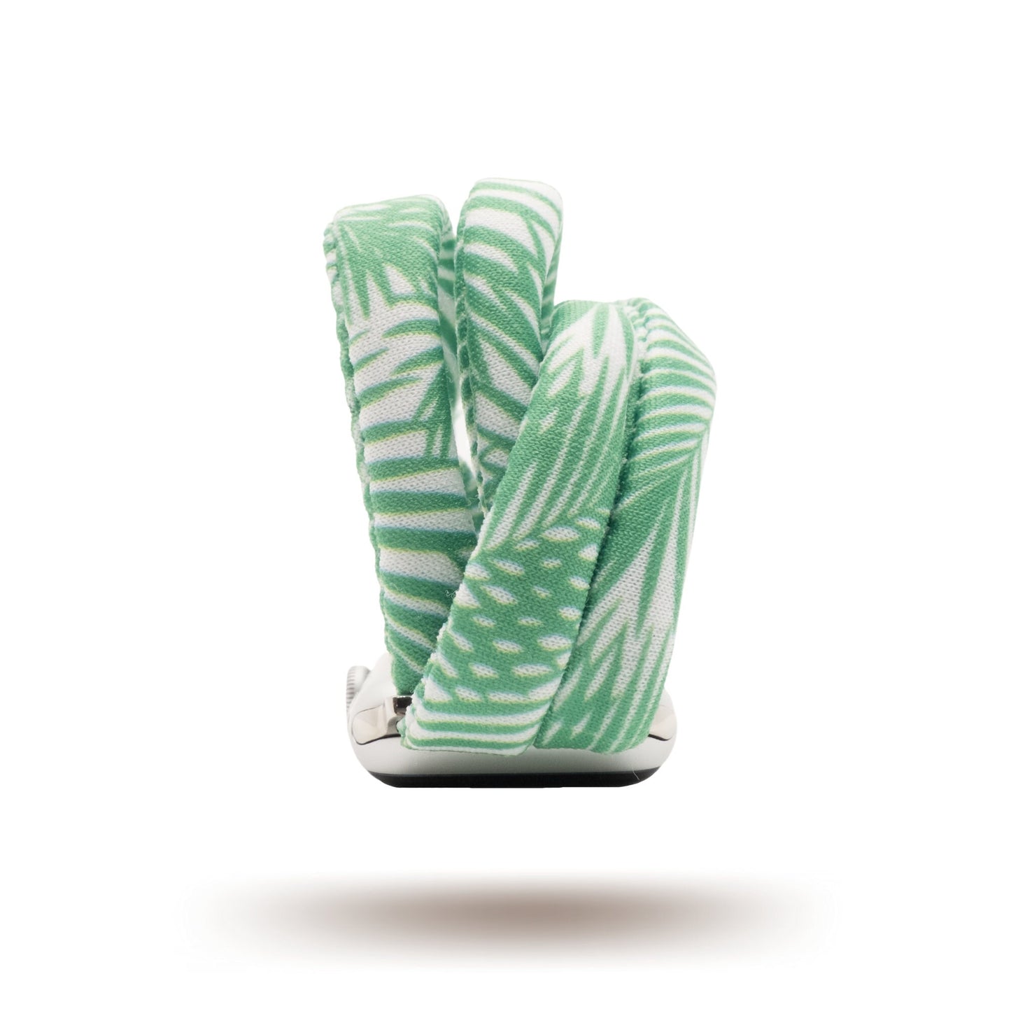 Green Palms Yoga Band® featuring a green and white tropical palm frond print. A breathable, stretchy fabric watch strap with a patent-pending design compatible with Apple Watch, Fitbit, and Samsung Galaxy models.