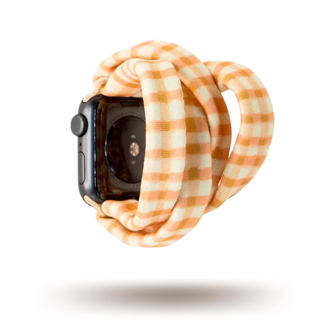 Harvest Plaid Yoga Bands® in a yellow and orange gingham print. Stretchy, machine washable fabric watch band for Apple Watch, perfect for Autumn and seasonal style.