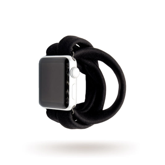 Solid Black Yoga Band® featuring a sleek black knit fabric. This breathable, stretchy watch strap with a patent-pending design is handcrafted and compatible with Apple Watch, Fitbit, and Samsung Galaxy trackers.