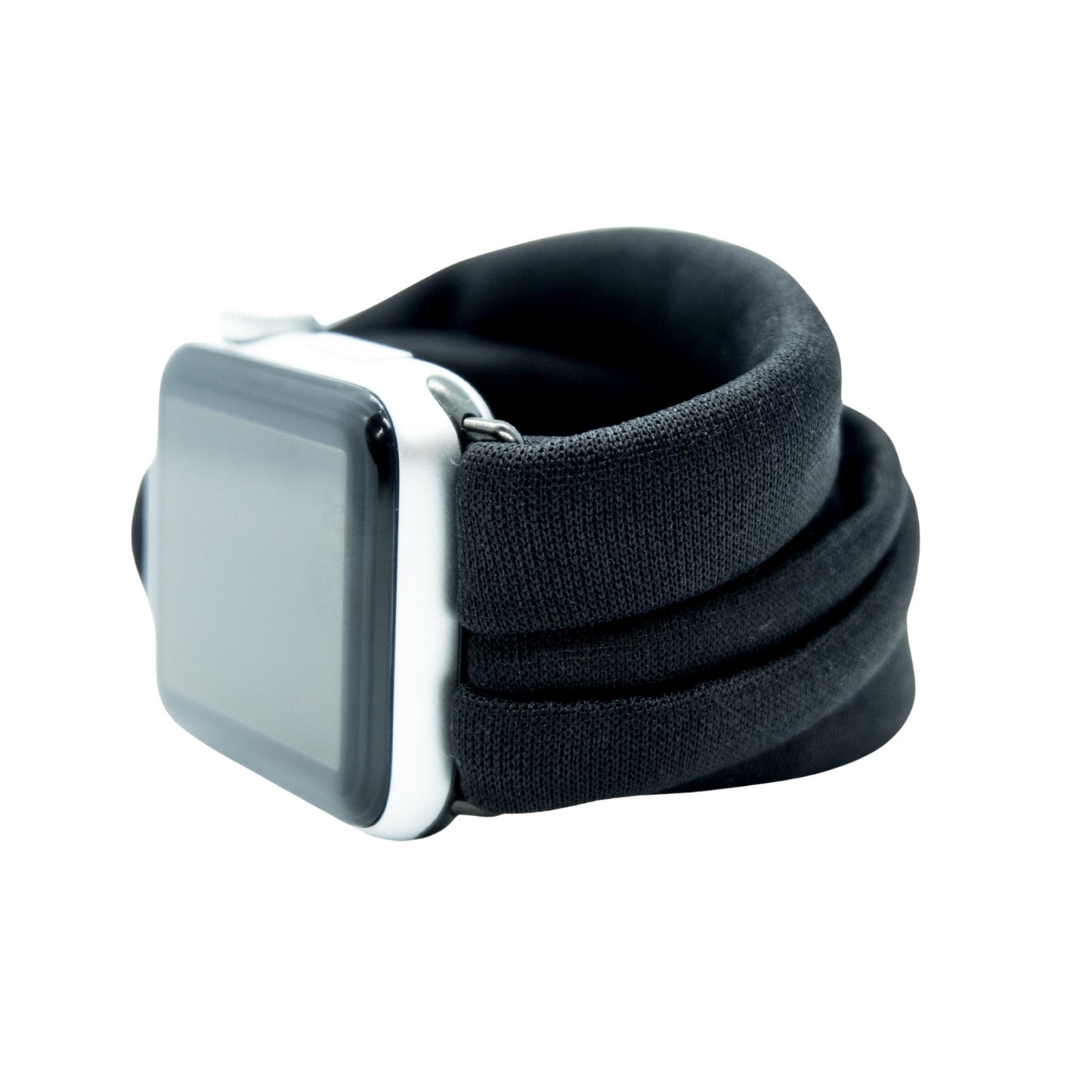 Solid Black Yoga Band® featuring a sleek black knit fabric. This breathable, stretchy watch strap with a patent-pending design is handcrafted and compatible with Apple Watch, Fitbit, and Samsung Galaxy trackers.