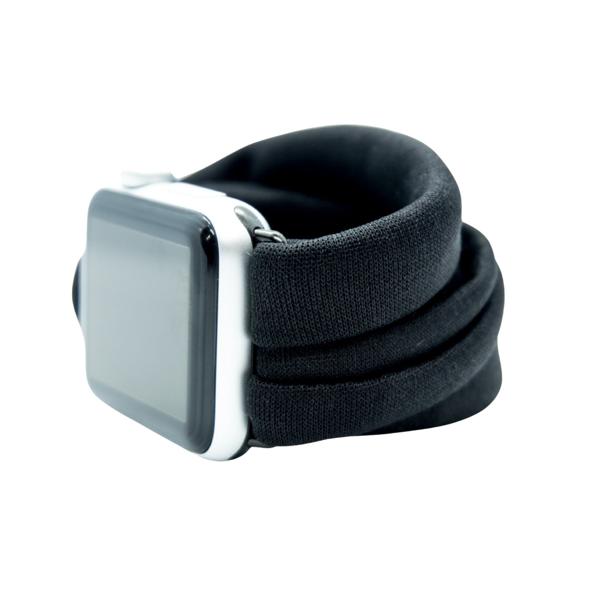 Solid Black Yoga Band® featuring a sleek black knit fabric. This breathable, stretchy watch strap with a patent-pending design is handcrafted and compatible with Apple Watch, Fitbit, and Samsung Galaxy trackers.