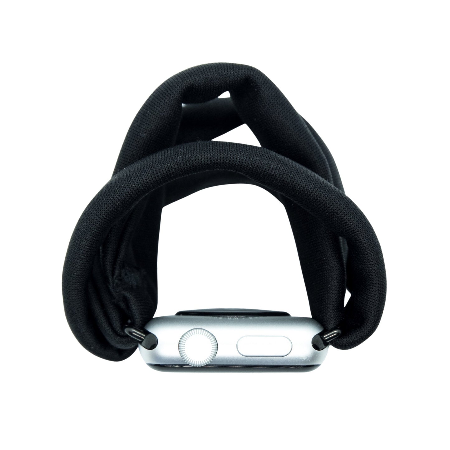 Solid Black Yoga Band® featuring a sleek black knit fabric. This breathable, stretchy watch strap with a patent-pending design is handcrafted and compatible with Apple Watch, Fitbit, and Samsung Galaxy trackers.