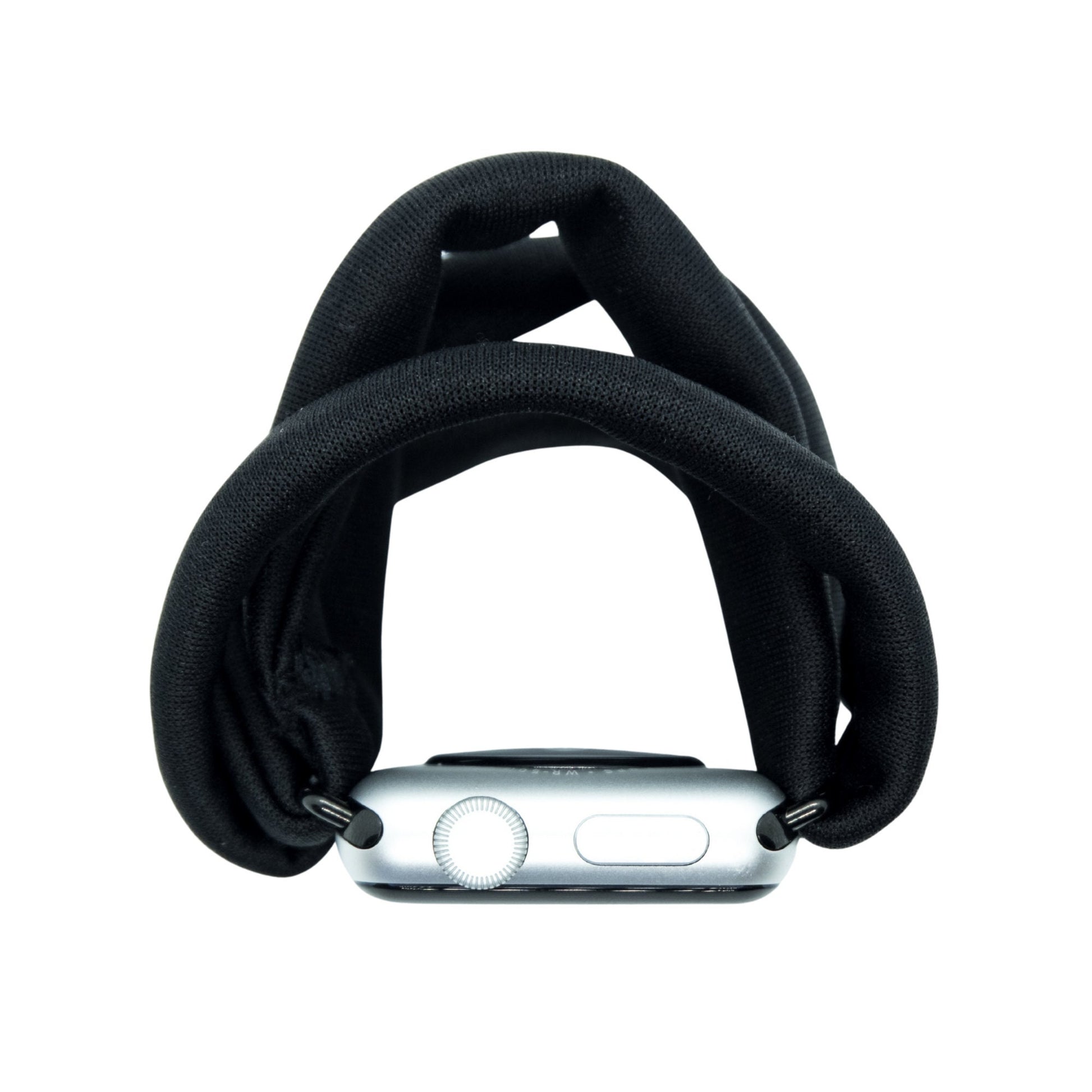 Solid Black Yoga Band® featuring a sleek black knit fabric. This breathable, stretchy watch strap with a patent-pending design is handcrafted and compatible with Apple Watch, Fitbit, and Samsung Galaxy trackers.