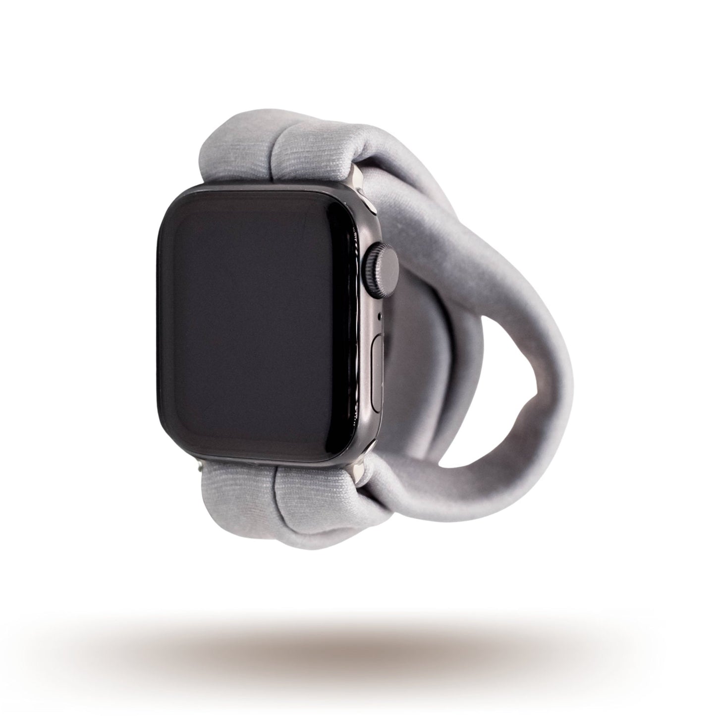Solid Gray Yoga Band® in a neutral heather gray knit fabric. A breathable, stretchy watch strap with a patent-pending design compatible with Apple Watch, Fitbit, and Samsung Galaxy models.