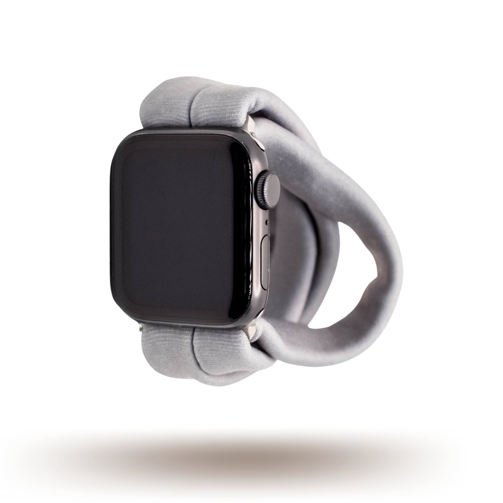 Solid Gray Yoga Band® in a neutral heather gray knit fabric. A breathable, stretchy watch strap with a patent-pending design compatible with Apple Watch, Fitbit, and Samsung Galaxy models.