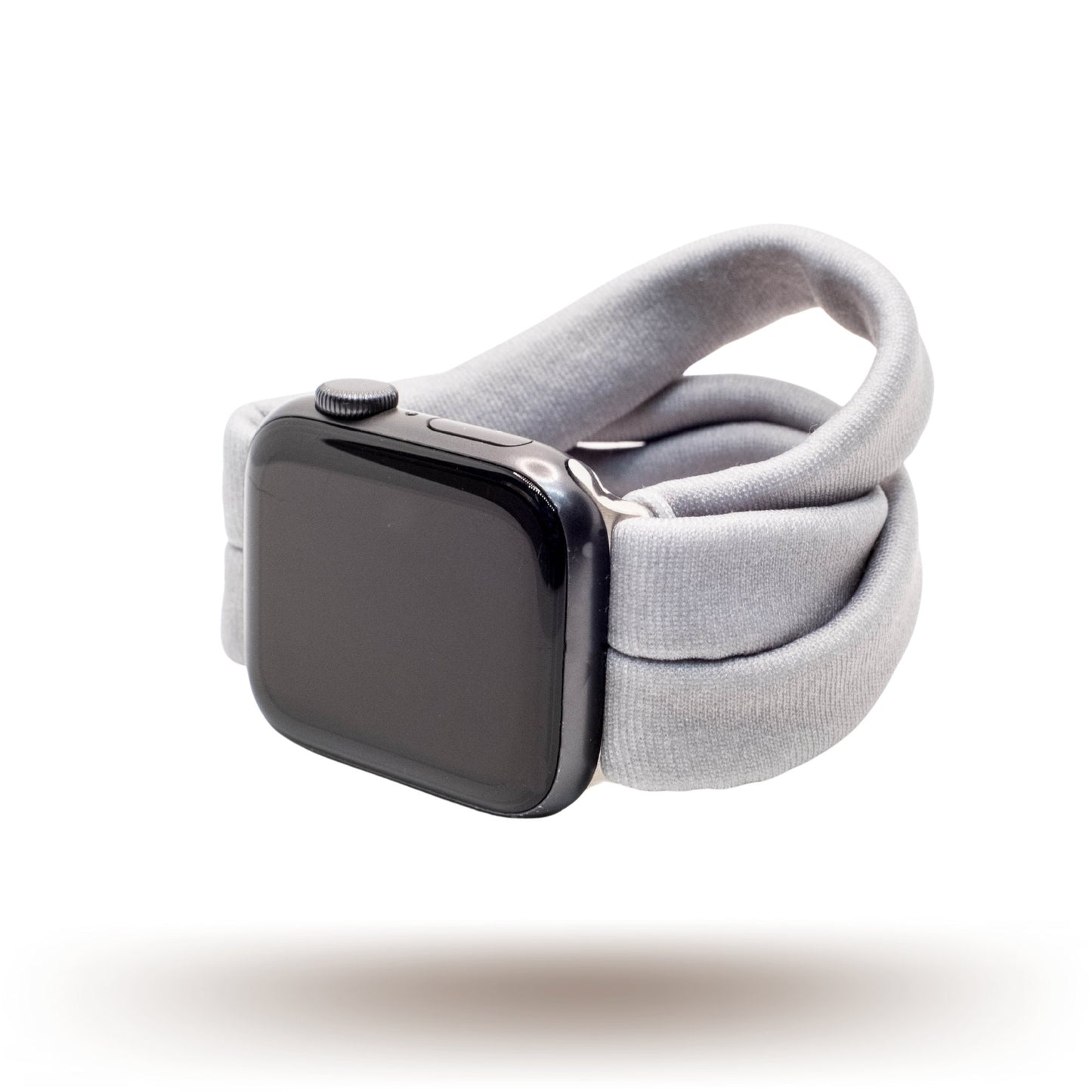 Solid Gray Yoga Band® in a neutral heather gray knit fabric. A breathable, stretchy watch strap with a patent-pending design compatible with Apple Watch, Fitbit, and Samsung Galaxy models.