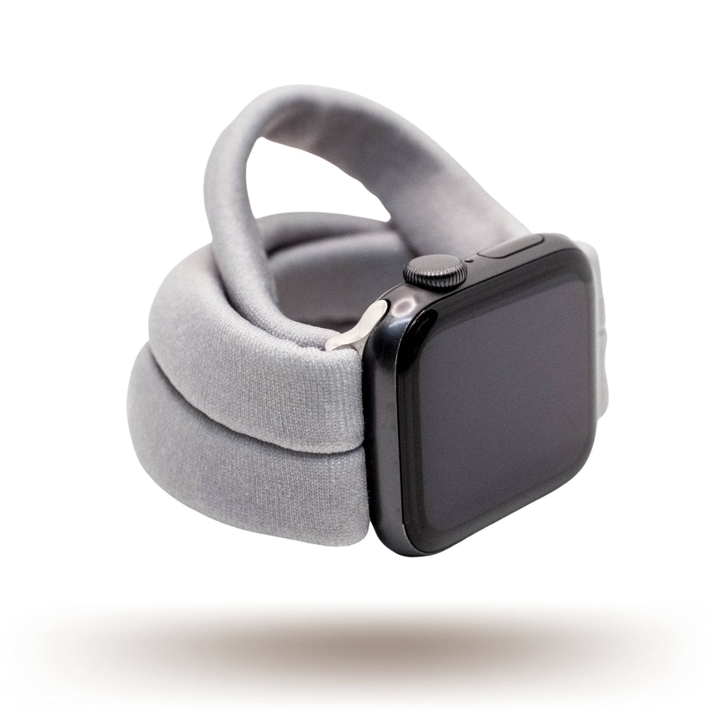 Solid Gray Yoga Band® in a neutral heather gray knit fabric. A breathable, stretchy watch strap with a patent-pending design compatible with Apple Watch, Fitbit, and Samsung Galaxy models.