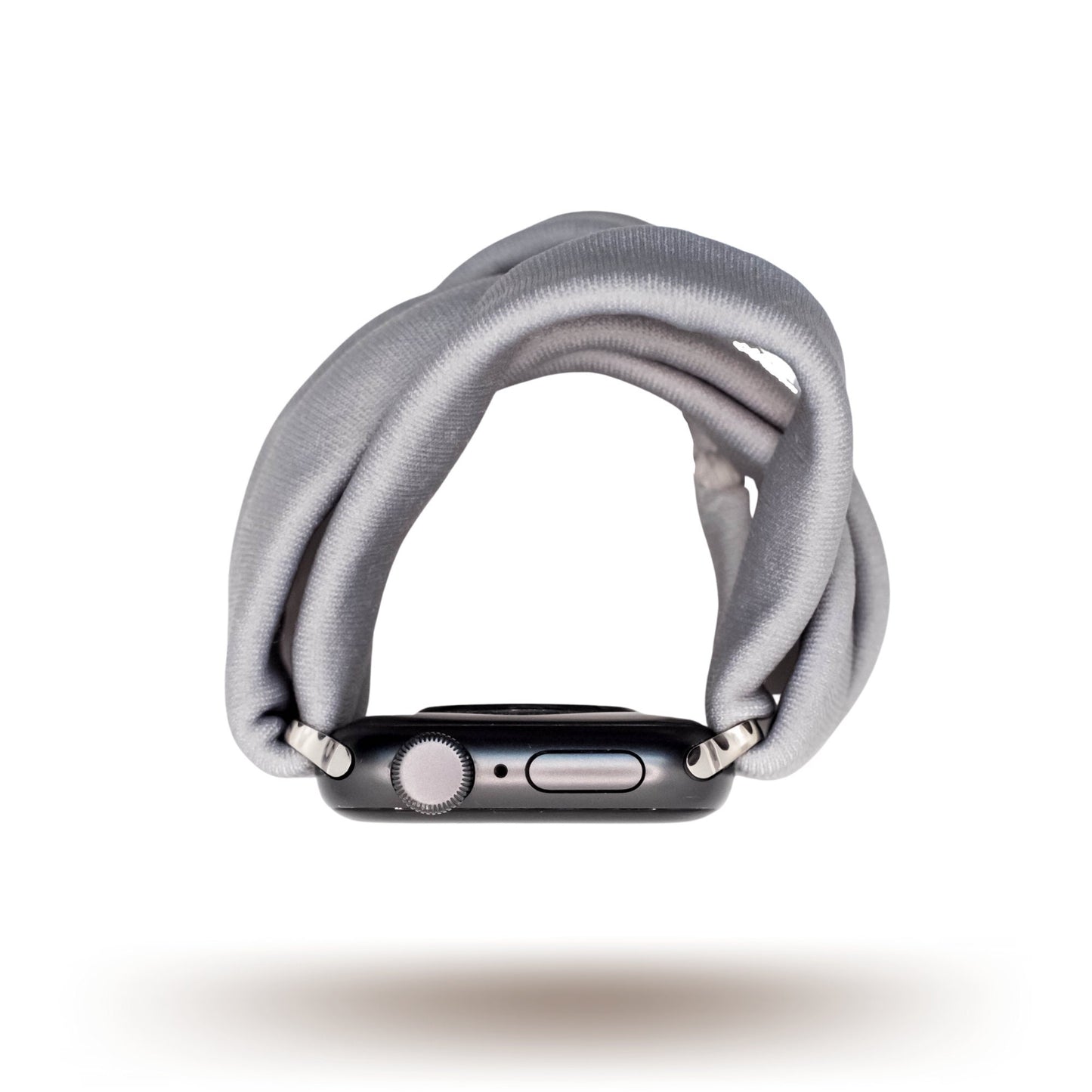Solid Gray Yoga Band® in a neutral heather gray knit fabric. A breathable, stretchy watch strap with a patent-pending design compatible with Apple Watch, Fitbit, and Samsung Galaxy models.