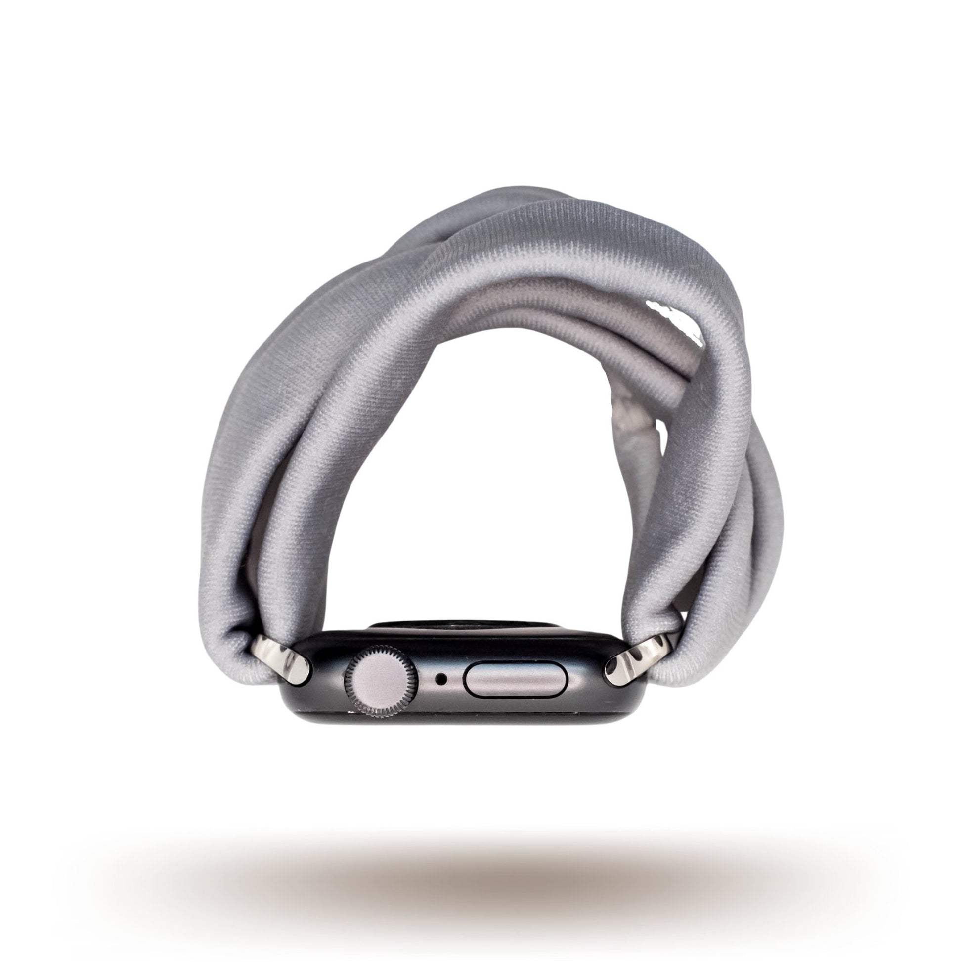 Solid Gray Yoga Band® in a neutral heather gray knit fabric. A breathable, stretchy watch strap with a patent-pending design compatible with Apple Watch, Fitbit, and Samsung Galaxy models.